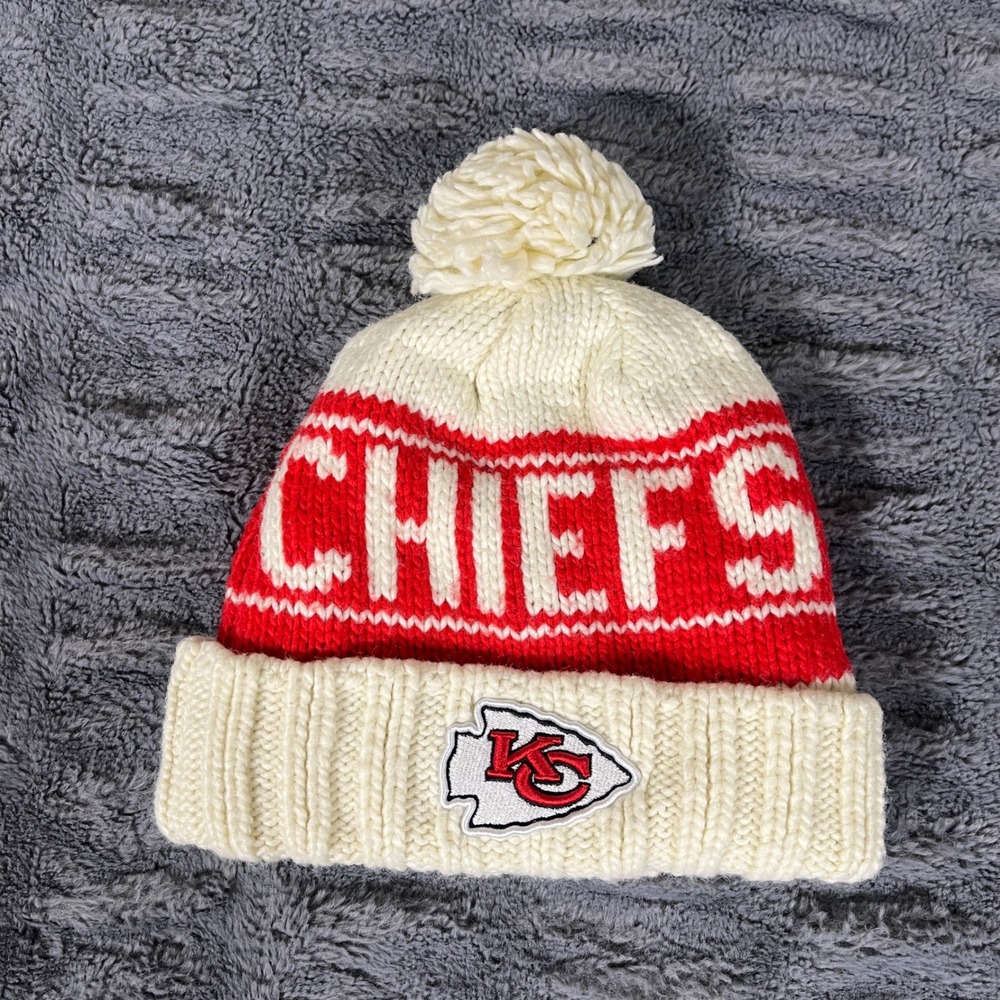 NFL Kansas City Chiefs Womens Fleece Lined Pom Pom Beanie Hat Cream Red AP391